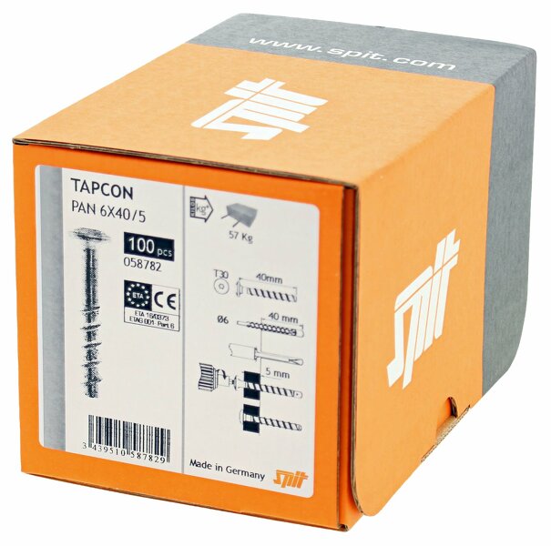 Spit 058779 TAPCON PAN Betonschroef - TX25 - 5.0 X 40mm - Cilinderkop - Voldraad - Verzinkt (100st) - Detailed view of the product