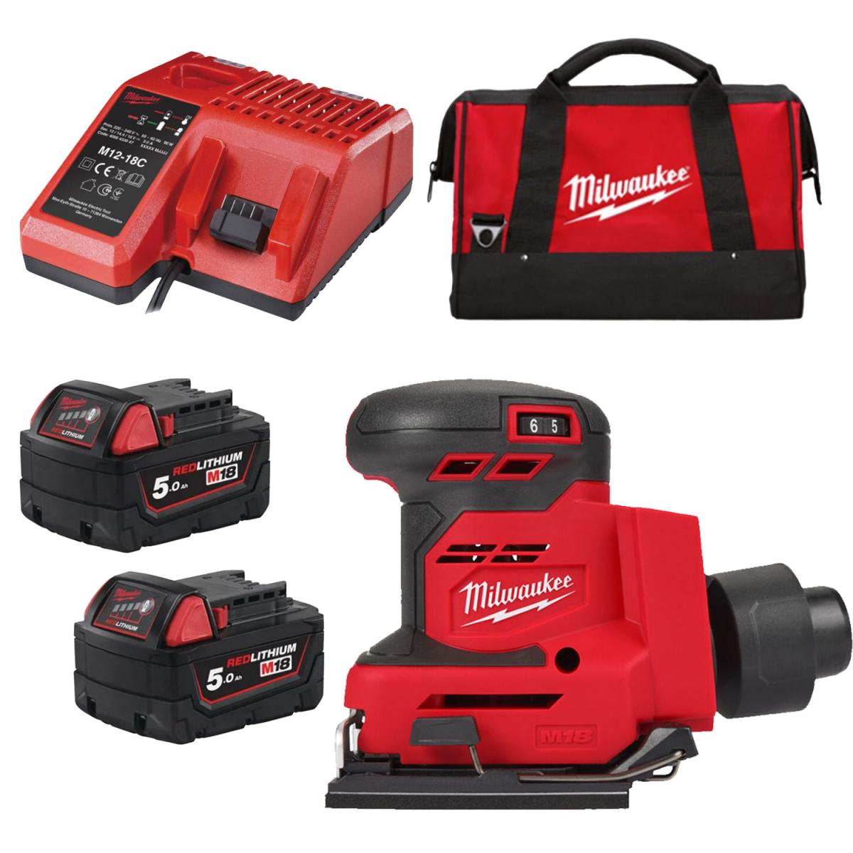 Milwaukee M18 BQSS-502B 18V Li-ion accu vlakschuurmachine set (2x 5.0Ah) in transporttas
