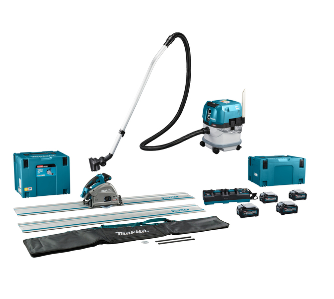 Makita DK0195G201 XGT 40V Max Li-Ion Accu Invalzaag(SP001G)&Stofzuiger (VC004G) Combiset (4x 4.0Ah Accu) Incl. Geleiderail 1500 Mm (2 St), Koppelstripset En Tas EAN: 88381784467