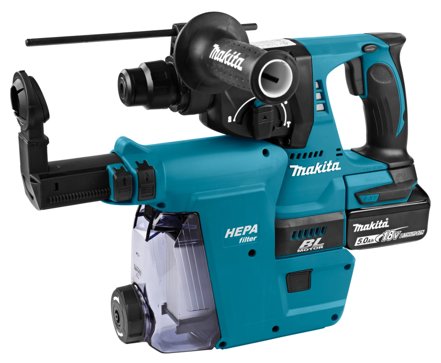 Makita combihamer - DHR242RTJW - 18 V - SDS-Plus - incl. 2 x 50 Ah accu en snellader - in Mbox - met stofafzuiging