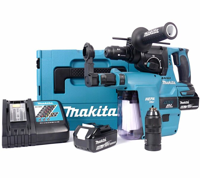 Makita DHR243RTJV 18V Li-Ion Accu SDS-plus Combihamer Incl. Snelspanboorkop En Stofafzuiging Set (2x 5.0Ah Accu) In Mbox - 2J - Koolborstelloos EAN: 88381686211