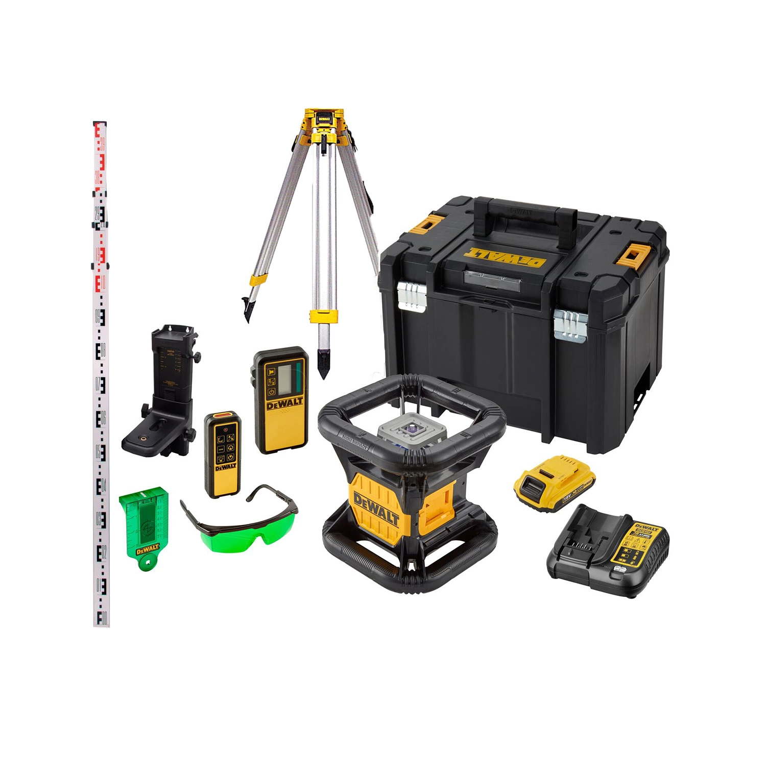DeWALT DCE079D1G-SET 18V Roterende Laser Set Incl. Statief En Meetlat In Koffer - Groen - 45m - IP67