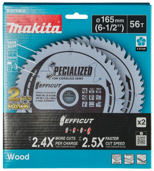 Makita B-57336-2 Cirkelzaagblad - Efficut 165x20x1,45 56T - Hout - Duopack - Detailed view of the product