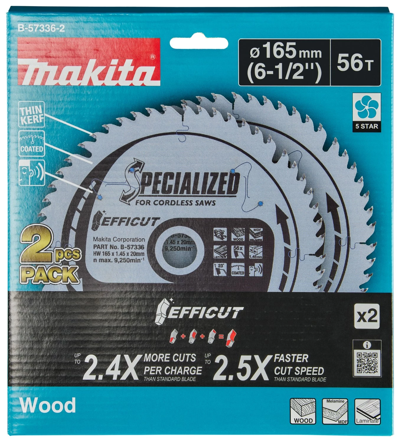 Makita B-57336-2 Cirkelzaagblad - Efficut 165x20x1,45 56T - Hout - Duopack thumbnail 4