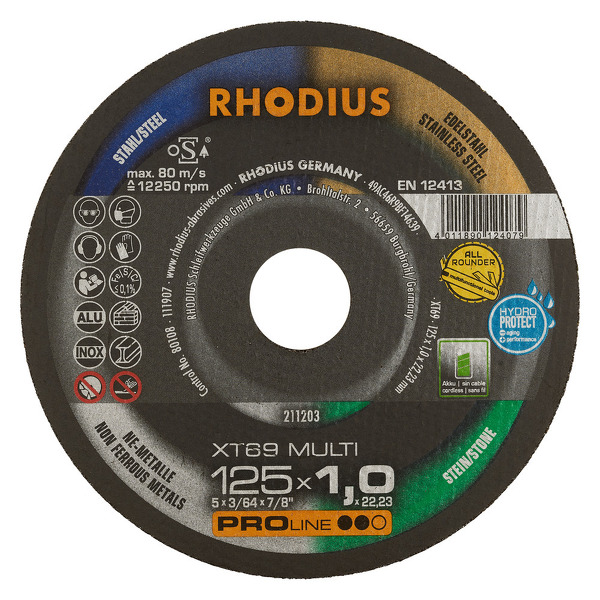 Rhodius XT69 Multi Doorslijpschijvenset In Opbergblik - 125 X 1,0 X 22,23mm (10st) - Detailed view of the product