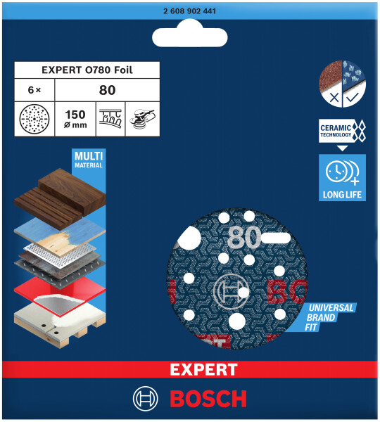 Bosch 2608902441 EXPERT Schuurschijf O780 Met Film Onderlaag - 150mm - K80 (6 Stuks) - Detailed view of the product