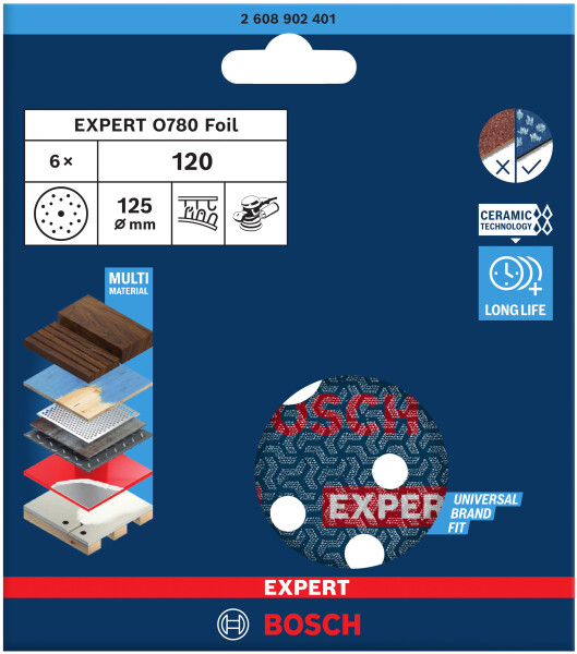 Bosch 2608902401 EXPERT Schuurschijf O780 Met Film Onderlaag - 125mm - K120 (6 Stuks) - Detailed view of the product