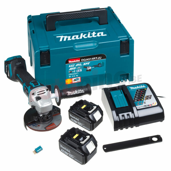 Makita DGA514RTJU 18V Li-Ion Accu AWS Haakse Slijper Set (2x 5.0Ah Accu) In Mbox - 125mm - Koolborstelloos