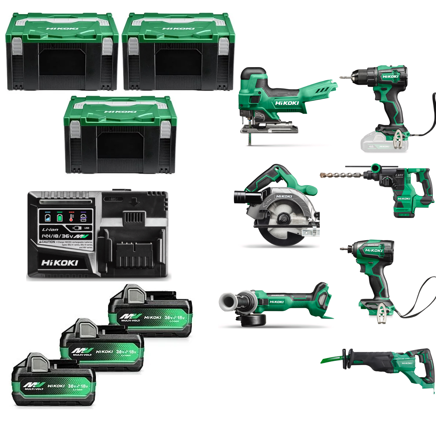 HiKOKI KC18H7B-MVA3 18V Li-ion 7-delige Accu Combiset (3x UC18YSL3 En 3X BSL36A18X) In 4x HSC