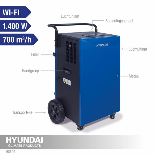 Hyundai 68509 Bouwdroger - 90 Liter P/d– 700m3 P/u - Met WIFI Bediening - 1400W - Detailed view of the product