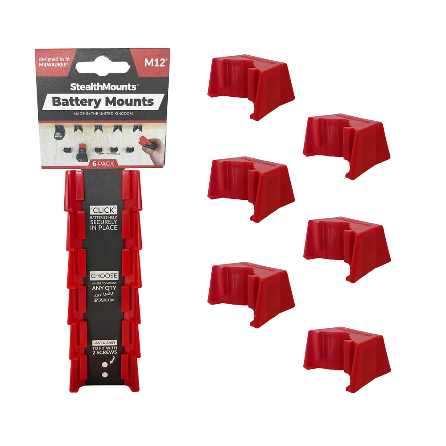 StealthMounts BM-MW12-RED-6 Batterijhouders Voor Milwaukee M12 (6 Stuks) - Rood