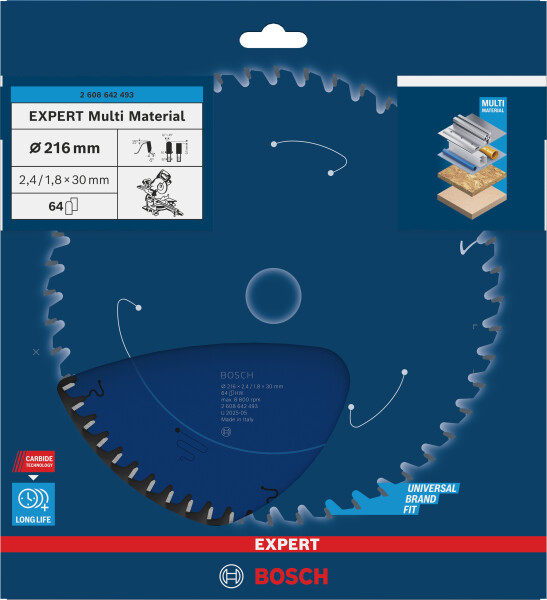 Bosch 2608642493 Expert Cirkelzaagblad - 216 X 30 X 64T - Hout / Epoxy / Aluminium / Kunststof - Detailed view of the product
