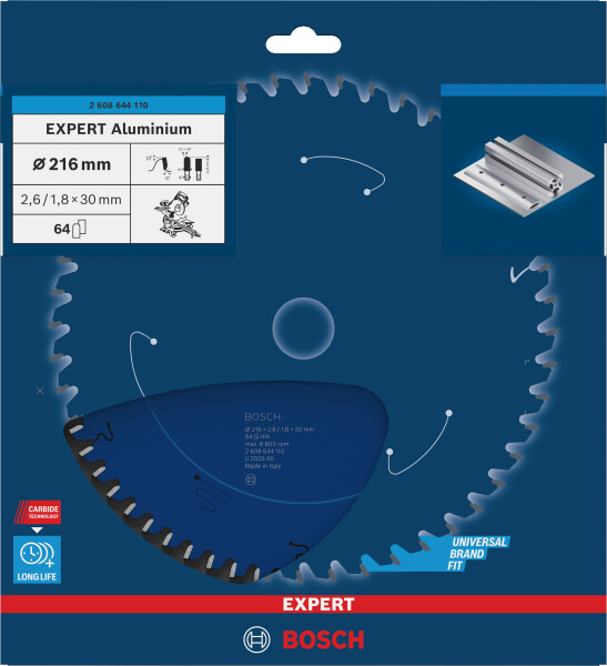 Bosch 2608644110 Expert Cirkelzaagblad - 216 X 30 X 64T - Aluminium - Carbide - Detailed view of the product