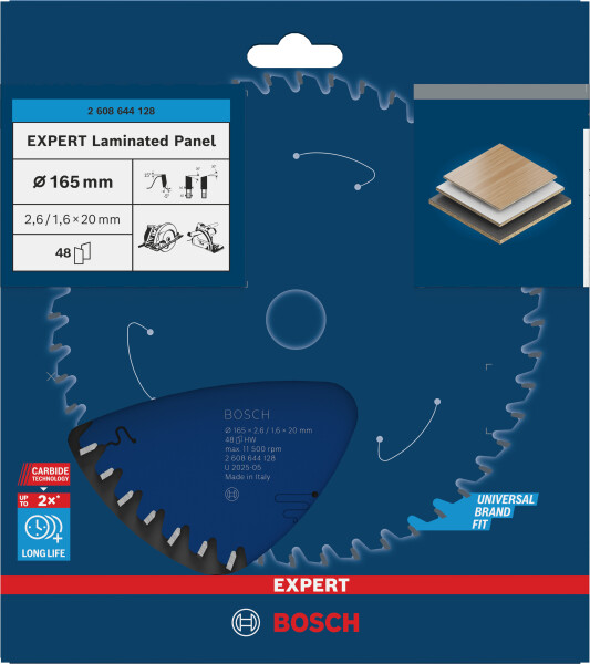Bosch 2608644128 Expert Cirkelzaagblad - 165 X 20 X 48T - Gemelamineerde Plaat - Carbide - Detailed view of the product