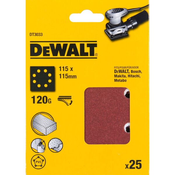 DeWALT DT3033 Vlak Schuurvel - K120 - 115 X 115mm (25st) - Detailed view of the product