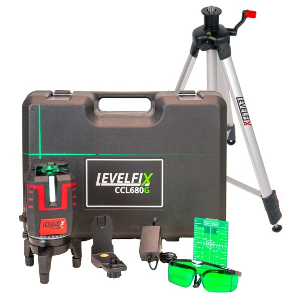 Levelfix CCL680G Kruislijnlaser 360° Set Incl. Statief In Koffer - Groen - 40m - 360° Horizontaal + 4 Verticaal Lijnen - IP54