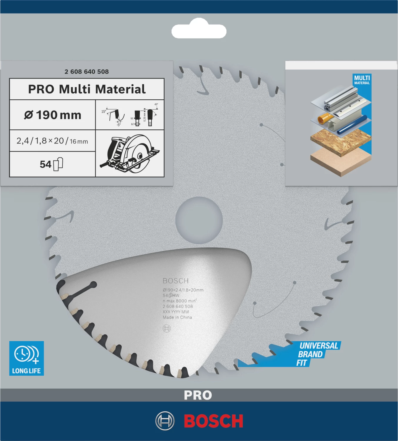 Bosch 2608640508 PRO Cirkelzaagblad - 190 X 20/16 X 54T - Multi Materiaal thumbnail 2