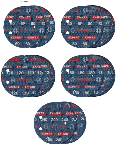 Bosch 2608902429 EXPERT 55-delige Set Schuurschijf O780 Met Film Onderlaag - 125mm - 5xK60/15xK80/15xK120/15xK180/5xK240 - Detailed view of the product
