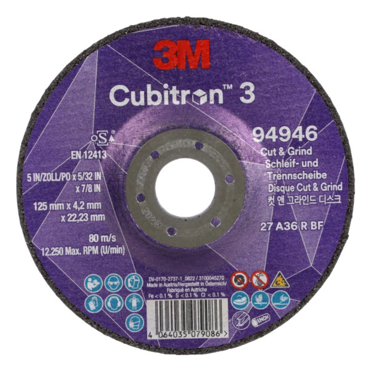 3M Cubitron 3 Cut&Grind-schijf - 125mm X 4,2mm X 22,23mm - K36 - T27 (10 Stuks)