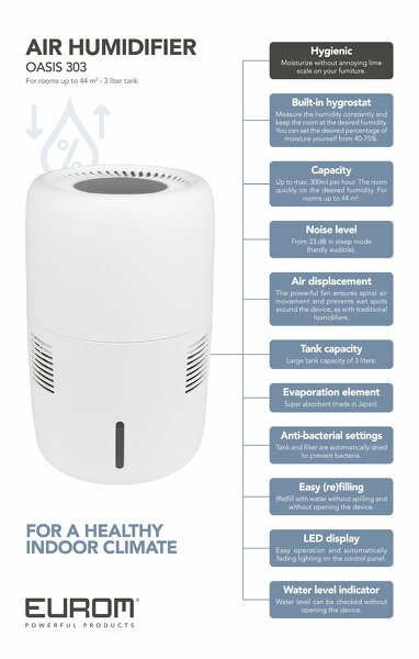 EUROM Oasis 303 WiFi Luchtbevochtiger - 12W - 300 Ml/u - 3L - Detailed view of the product