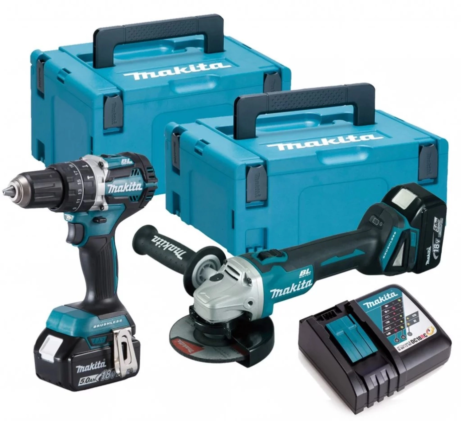 Makita DLX2210TJ1 18V Li-Ion Accu Klopboor- /schroefmachine (DHP484Z)&Haakse Slijper (DGA506) Combiset (2x 5Ah Accu) In Mbox