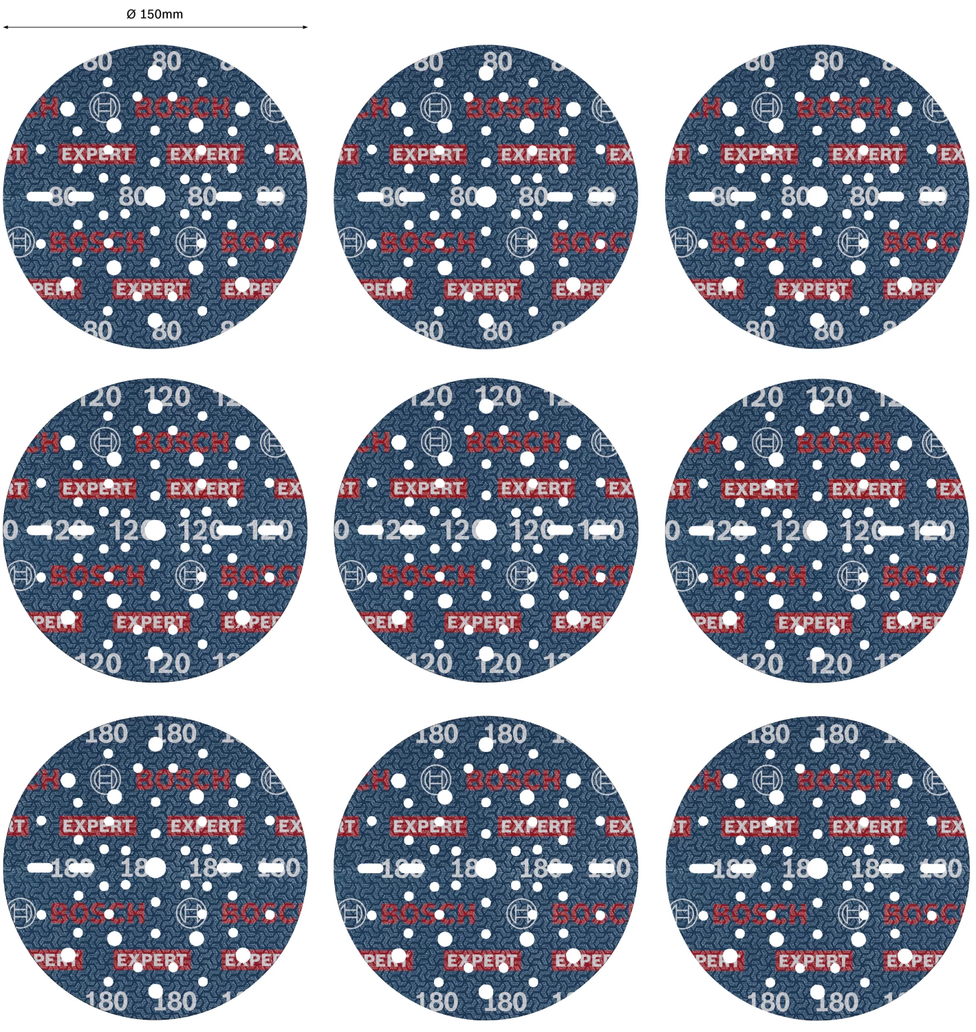 Bosch 2608902448 EXPERT 9-delige Set Schuurschijf O780 Met Film Onderlaag - 150mm - 3xK80/3xK120/3xK180 thumbnail 4