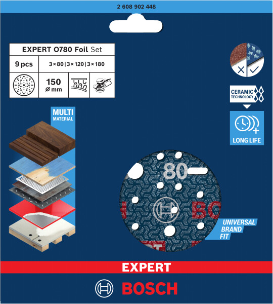 Bosch 2608902448 EXPERT 9-delige Set Schuurschijf O780 Met Film Onderlaag - 150mm - 3xK80/3xK120/3xK180 - Detailed view of the product