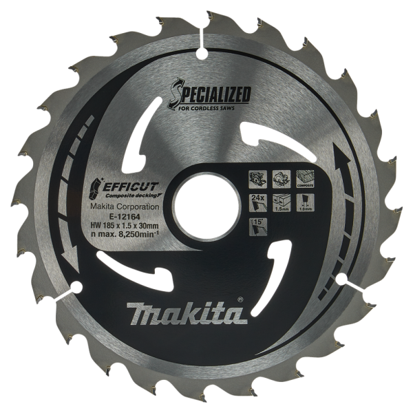 Makita E-12164 Efficut Cirkelzaagblad WPC - 185x30x1,5mm 24T - Detailed view of the product