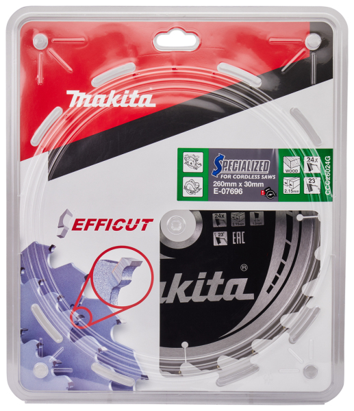 Makita E-07696 Efficut Cirkelzaagblad Hout - 260x30x2,15mm 24T - Detailed view of the product