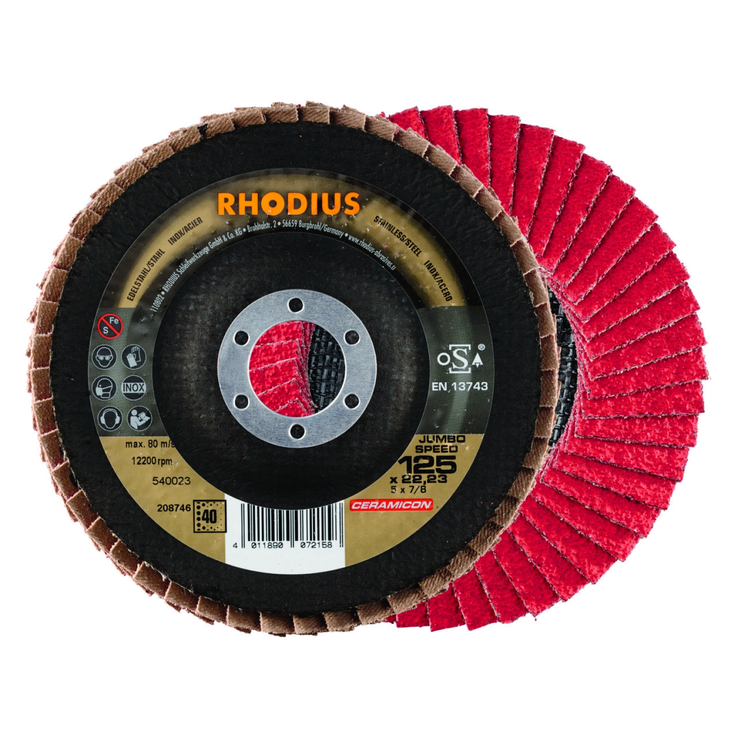 Rhodius 208746 Ceramicon Jumbo Speed Lamellenslijpschijf (10 Stuks) - K40 - 125 X 22,23mm - RVS/Staal