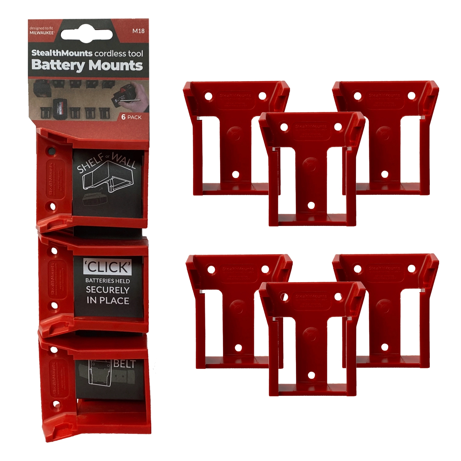 StealthMounts BM-MW18-RED-6 Accuhouder Voor Milwaukee M18 - Rood - 6-pack