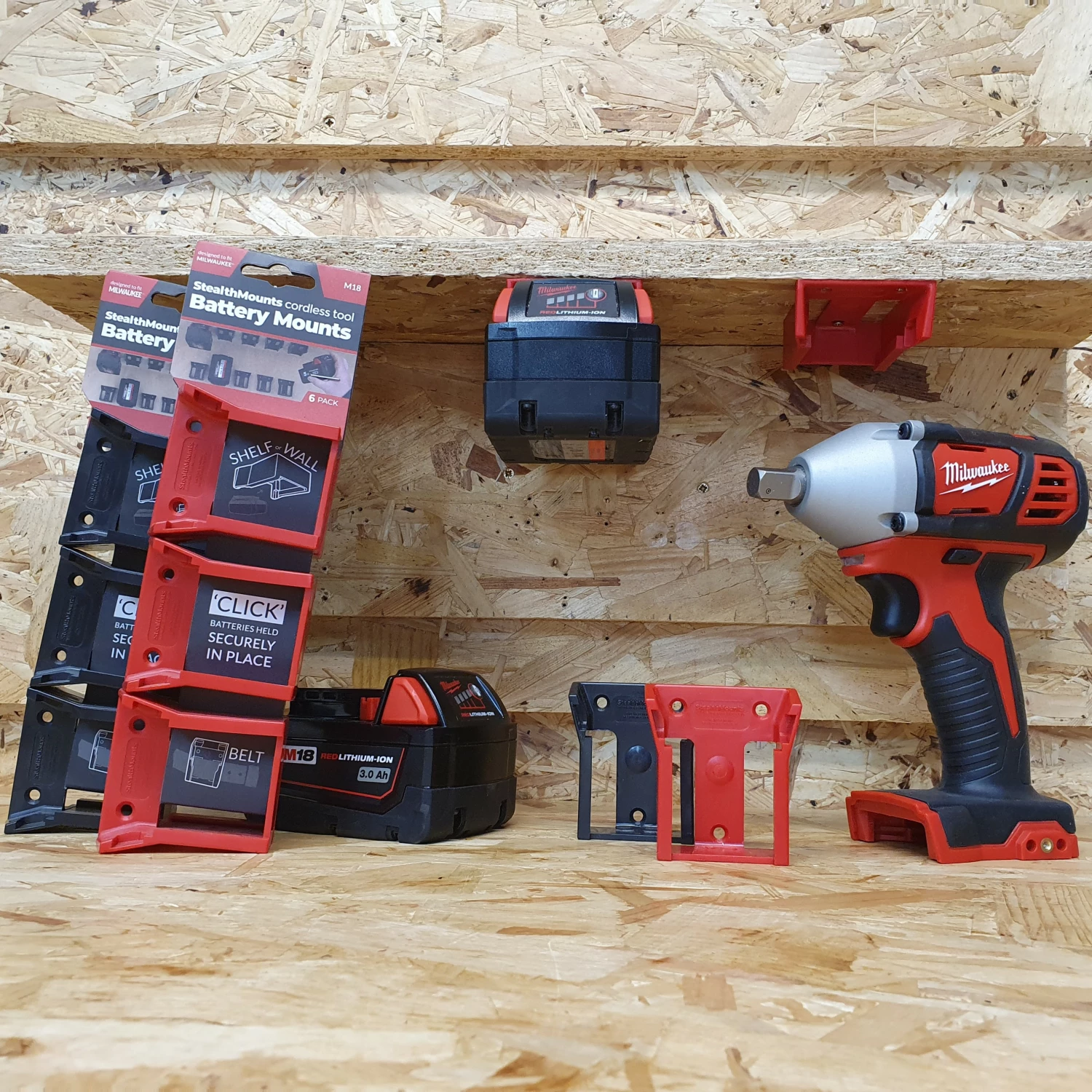 StealthMounts BM-MW18-RED-6 Accuhouder Voor Milwaukee M18 - Rood - 6-pack thumbnail 4