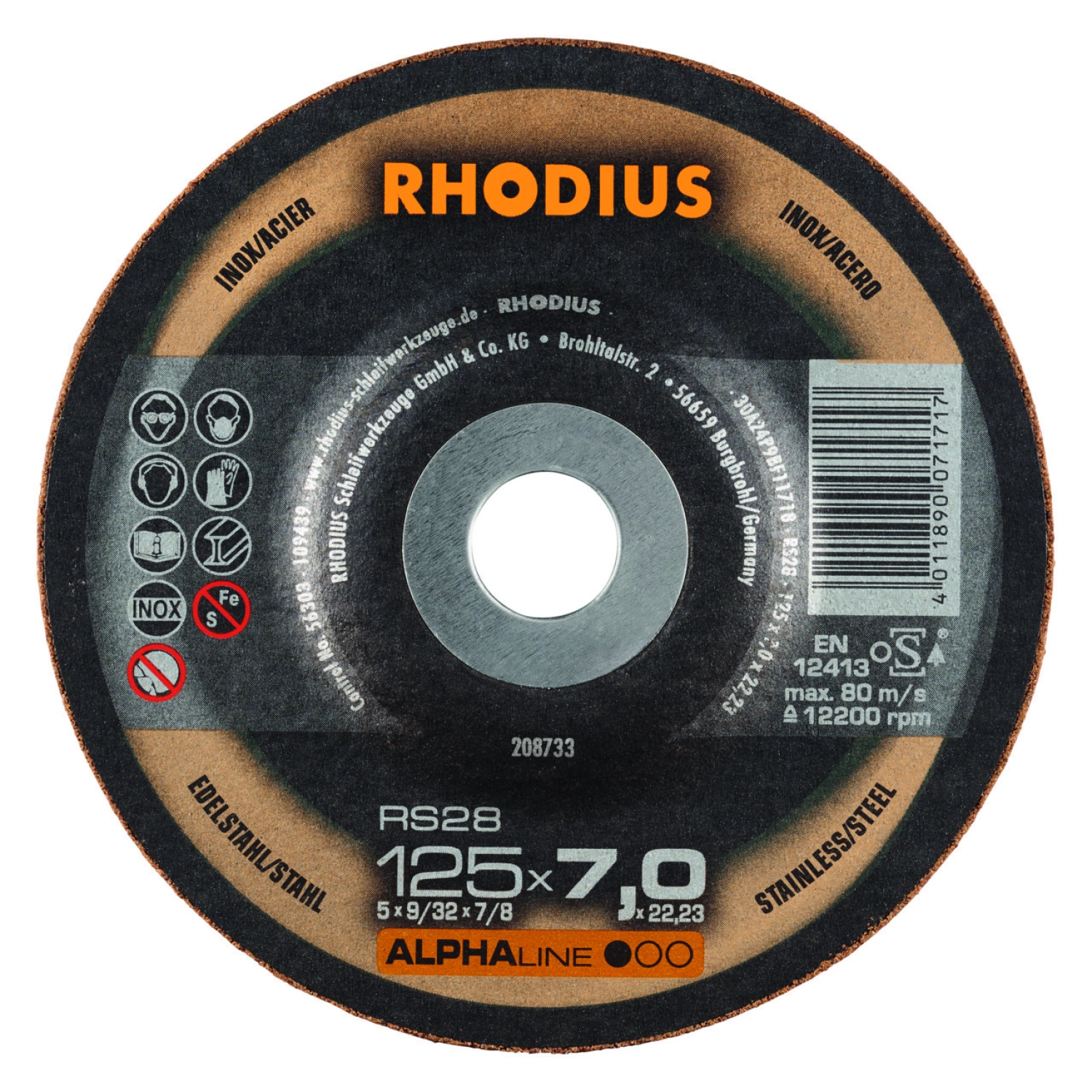 Rhodius ALPHAline I RS28 Afbraamschijf - 125 X 22,23 X 7mm - RVS/Staal (25 St)