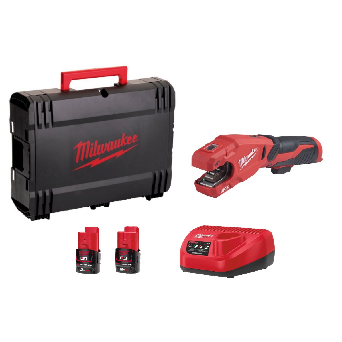 Milwaukee M12 PCSS-202C 12V Li-ion Accu pijpsnijder set (2x 2.0Ah accu) in koffer - RAPTOR - roestvast staal