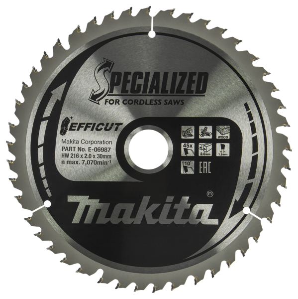 Makita E-06987 Efficut Cirkelzaagblad Hout - 216x30x2,0mm 45T - Detailed view of the product