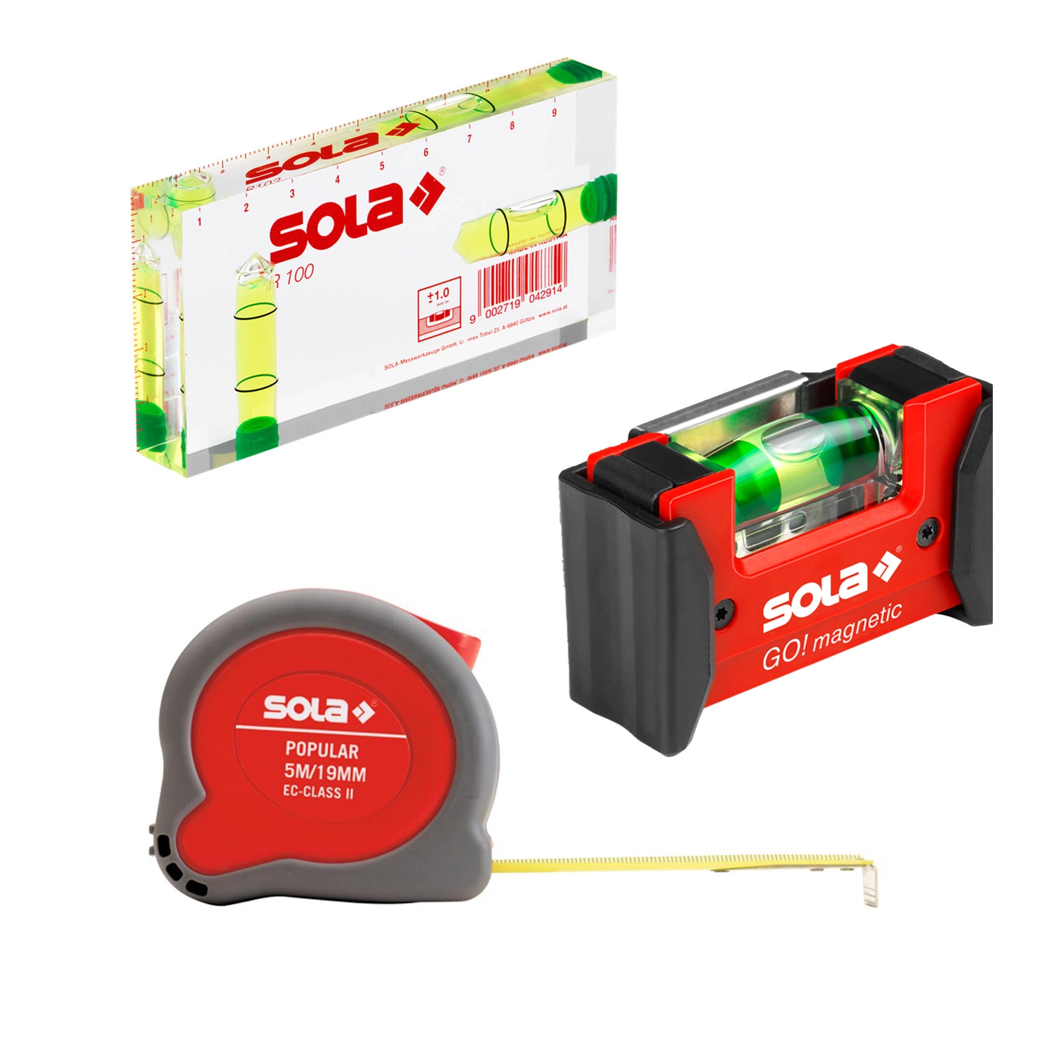 Sola GO! Clip Magnetic Waterpas Combo Set + R 100 Architecten Waterpas + Popular PP 5m Rolmaat