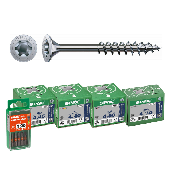 SPAX 4-Delige Universele Schroefset - T-STAR Plus T20 - Platverzonken Kop - Voldraad - WIROX (800st) Incl. SPAX Bit T20 (5st)