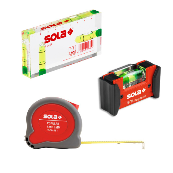 Sola GO! Clip Magnetic Waterpas Combo Set + R 100 Architecten Waterpas + Popular PP 5m Rolmaat