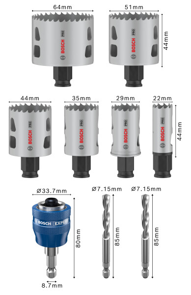 Bosch 2608594436 PRO 9-delige Multi Material PC Plus Gatzagenset - 22,29,35,44,51,64mm - Detailed view of the product