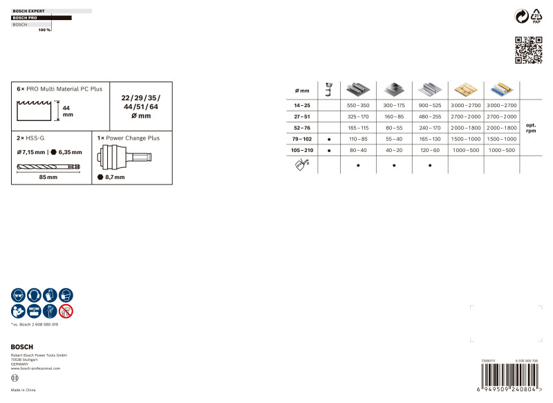 Bosch 2608594436 PRO 9-delige Multi Material PC Plus Gatzagenset - 22,29,35,44,51,64mm - Detailed view of the product
