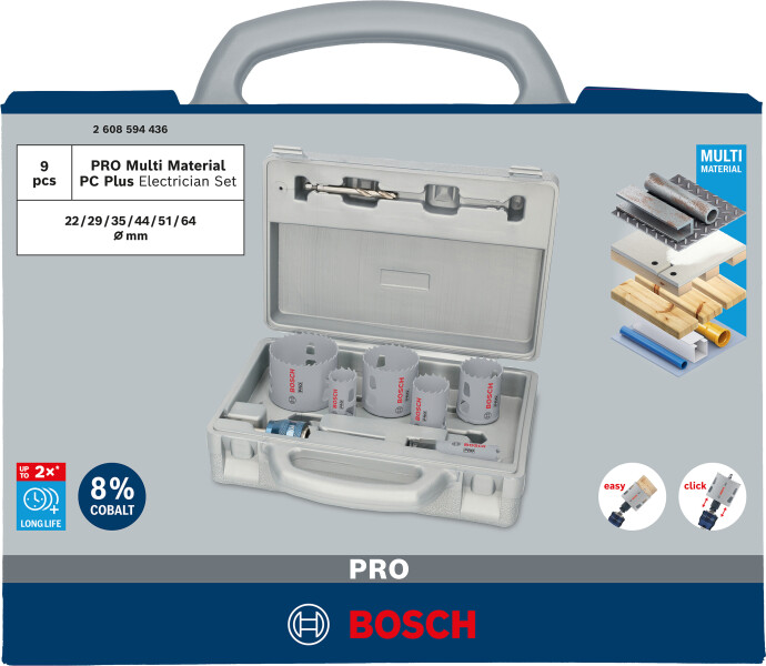 Bosch 2608594436 PRO 9-delige Multi Material PC Plus Gatzagenset - 22,29,35,44,51,64mm - Detailed view of the product