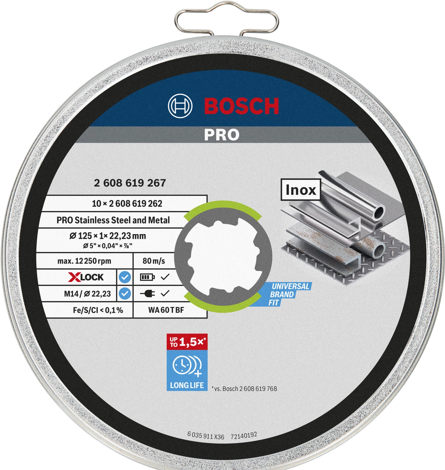 Bosch X-LOCK doorslijpschijf 10x125x1mm Stand. for Inox recht
