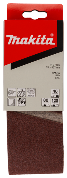 Makita P-37166 3 Delige Schuurbandset Red - K40 / 80 / 120 - 76 X 457mm - Detailed view of the product