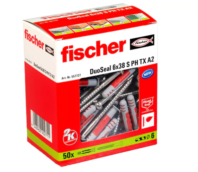 Fischer 557727 DuoSeal Plug Met RVS A2 Bolkopschroef - 6.0 X 38mm - Bolkop - Voldraad - Verzinkt (50st) - Detailed view of the product
