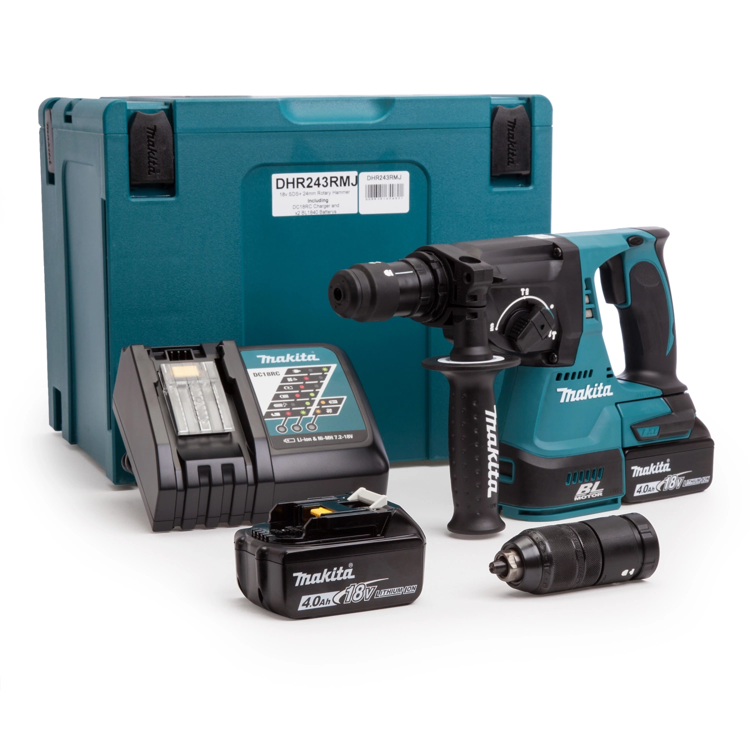 Makita DHR243RMJ 18V Li-Ion Accu SDS-plus Combihamer Incl. Snelspanboorkop Set (2x 4.0Ah Accu) In Mbox - 2J - Koolborstelloos