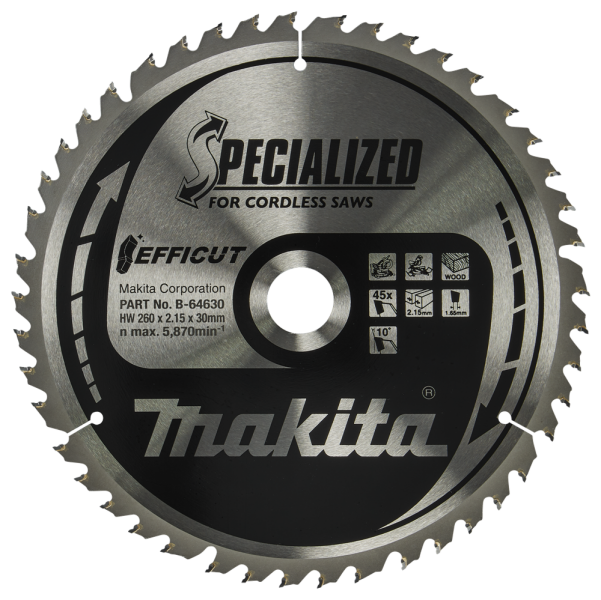 Makita B-64630 Afkortzaagblad Hout - 260x30x2,15mm 45T - Detailed view of the product