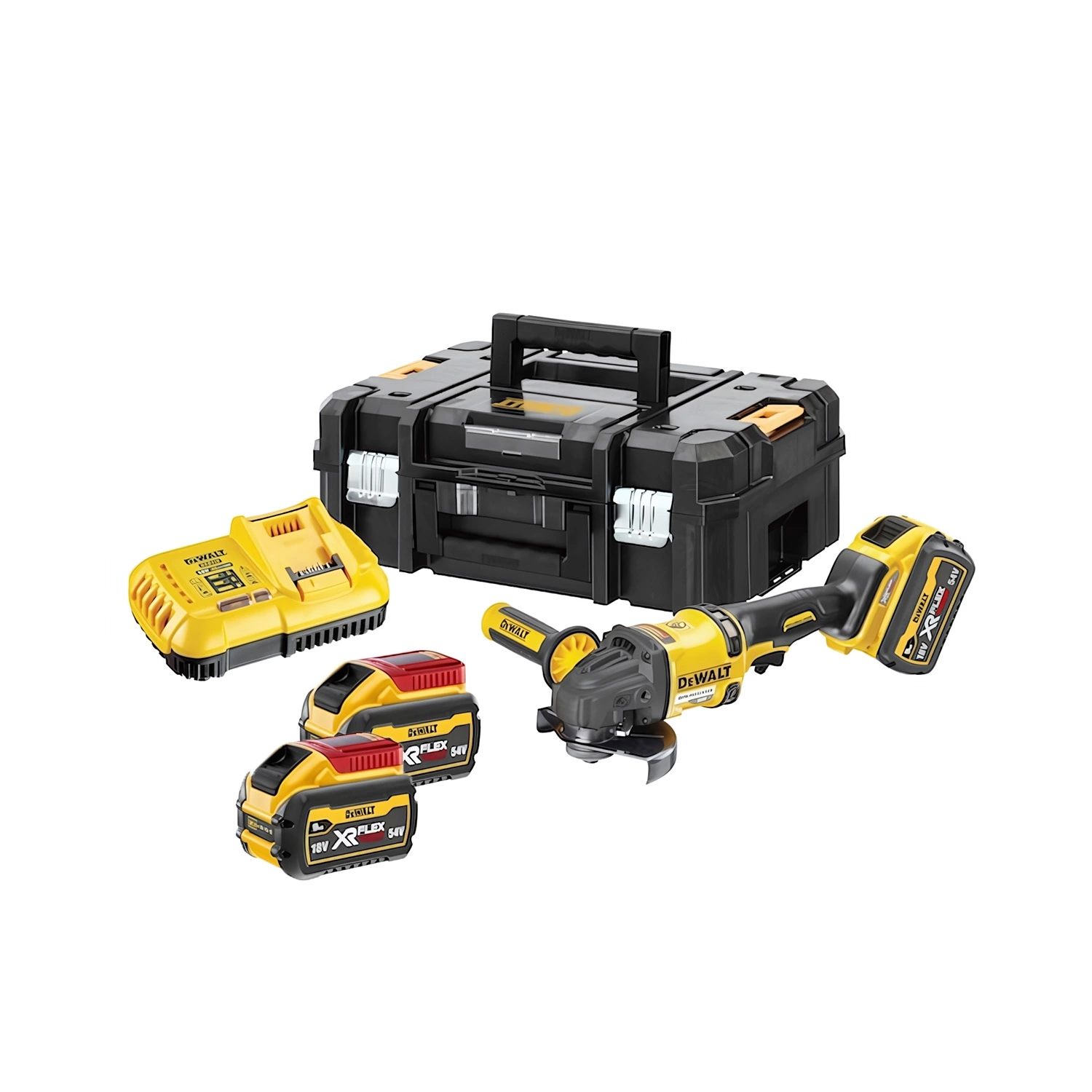 DeWALT DCG418SHDX2 54V Li-ion XR FlexVolt Accu Haakse Slijper Set (2x 9.0Ah Accu) In TSTAK - 125mm - Veiligheidsschakelaaar In Zijhandgreep