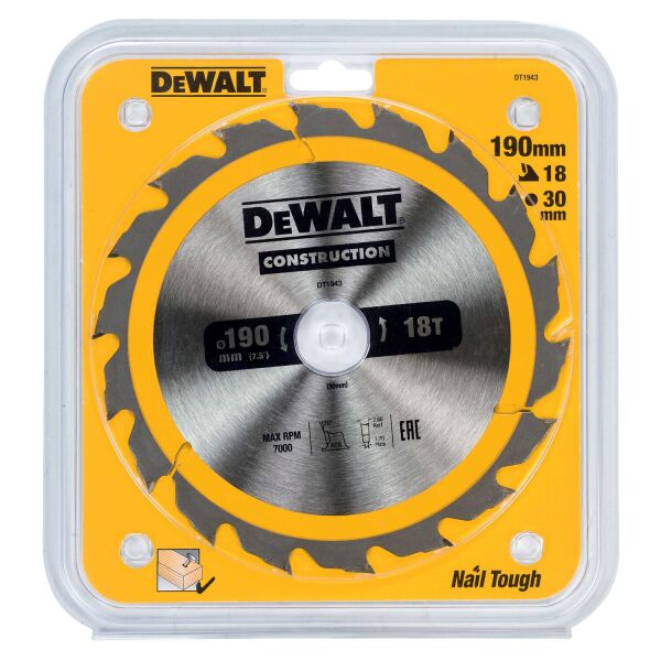 DeWALT DT1943 Cirkelzaagblad - 190 X 30 X 18T - Hout (met Nagels) - Detailed view of the product