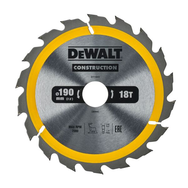 DeWALT DT1943 Cirkelzaagblad - 190 X 30 X 18T - Hout (met Nagels)