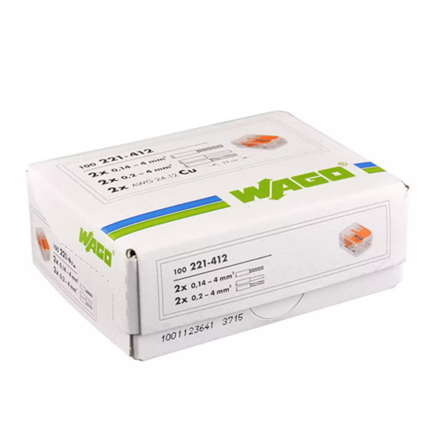 Wago lasklem 221-412 hevelklem voor 2 draden voor soepele en massieve draad van 0.14 tot 4mm²